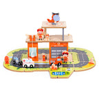 Drewniany garaż zestaw straży pożarnej 2w1 – remiza i wóz 2 piętra figurki pojazdy ECOTOYS