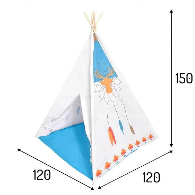 Namiot tipi dla dzieci biały z indiańskim motywem jelenia, wigwam domek o wymiarach 150x120x120 cm.