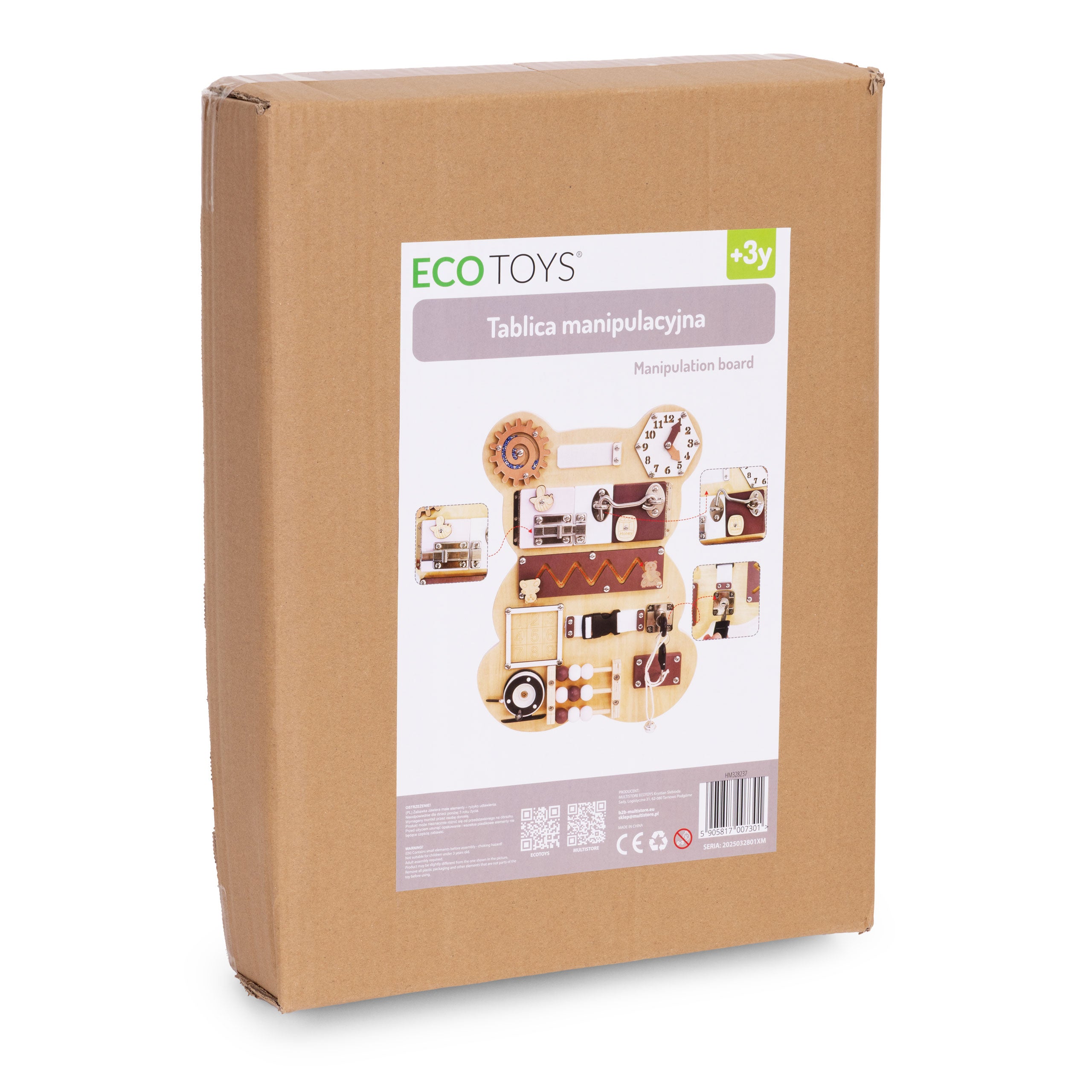 Kartonowe opakowanie drewnianej tablicy manipulacyjnej sensorycznej ECO TOYS w kształcie misia, rozwijającej zdolności manualne dzieci.