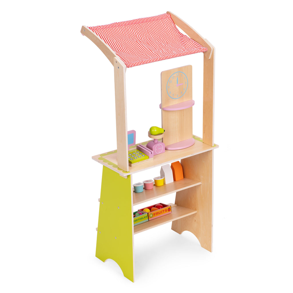 Duży drewniany stragan dla dzieci z kasą, terminalem, wagą, owocami i warzywami, idealny do kreatywnej zabawy w sklep.