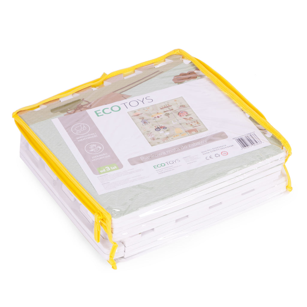 Duża mata piankowa EVA dla dzieci farma 90,5x90,5 cm 21 elementów Eco Toys w fabrycznym opakowaniu. Miękka, edukacyjna mata puzzle z wiejskim krajobrazem, idealna do zabawy i nauki raczkowania.