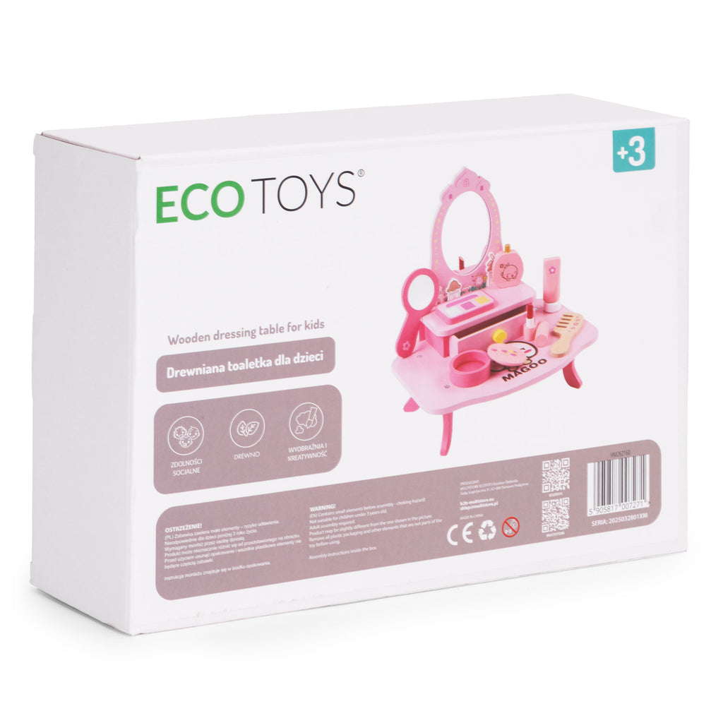 Drewniana toaletka dla dzieci ECO TOYS w kolorze różowym z lustrem, szufladą i 7 akcesoriami.