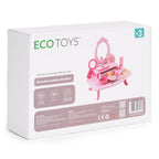 Drewniana toaletka dla dzieci ECO TOYS w kolorze różowym z lustrem, szufladą i 7 akcesoriami.