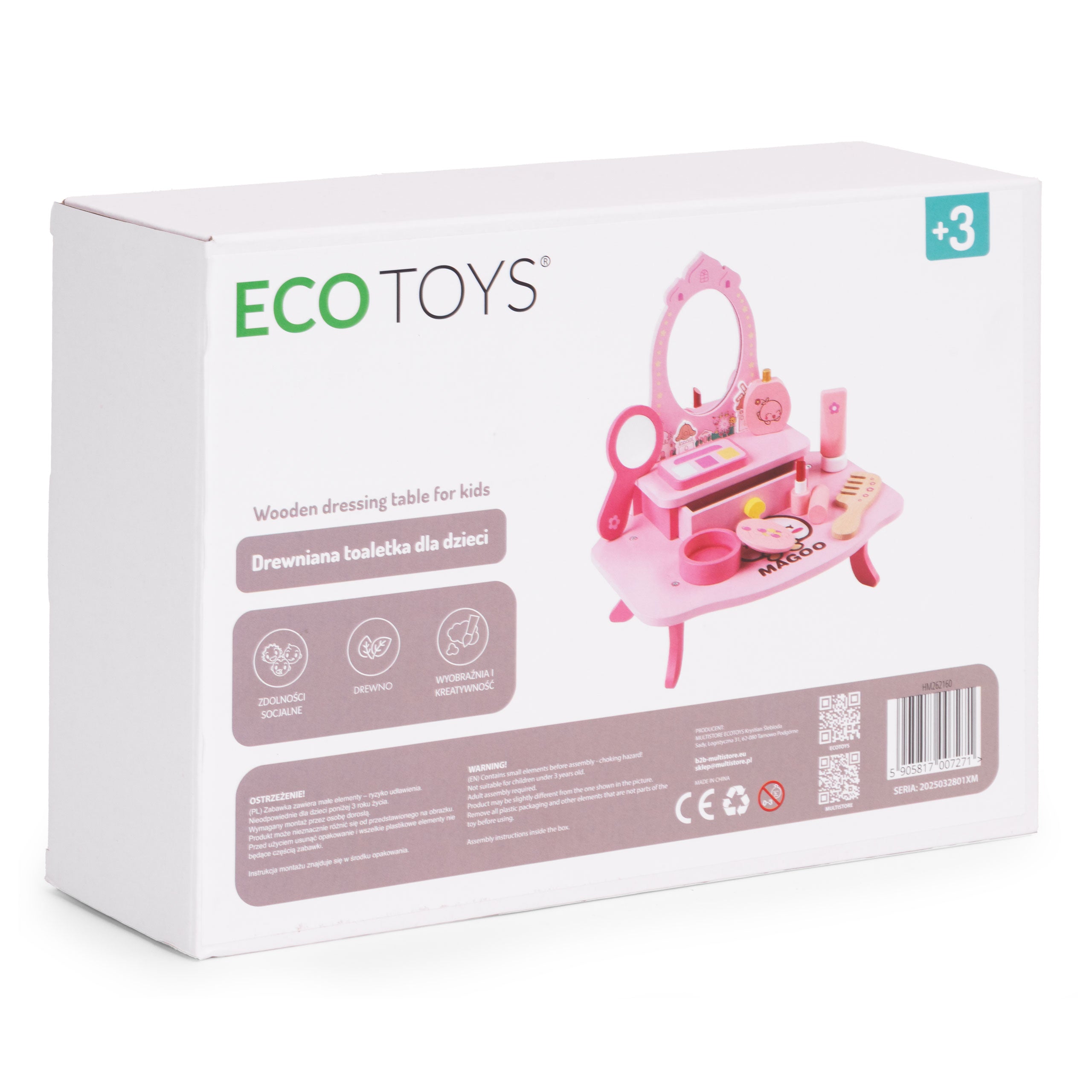 Drewniana toaletka dla dzieci ECO TOYS w kolorze różowym z lustrem, szufladą i 7 akcesoriami.
