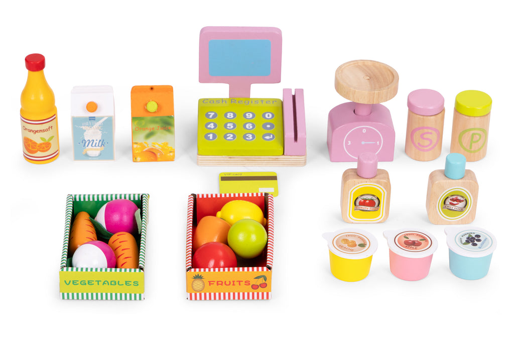 Drewniane zabawki sklepowe dla dzieci: zestaw 20 realistycznych elementów – kasa fiskalna, terminal, waga, owoce, warzywa i produkty spożywcze do kreatywnej zabawy.