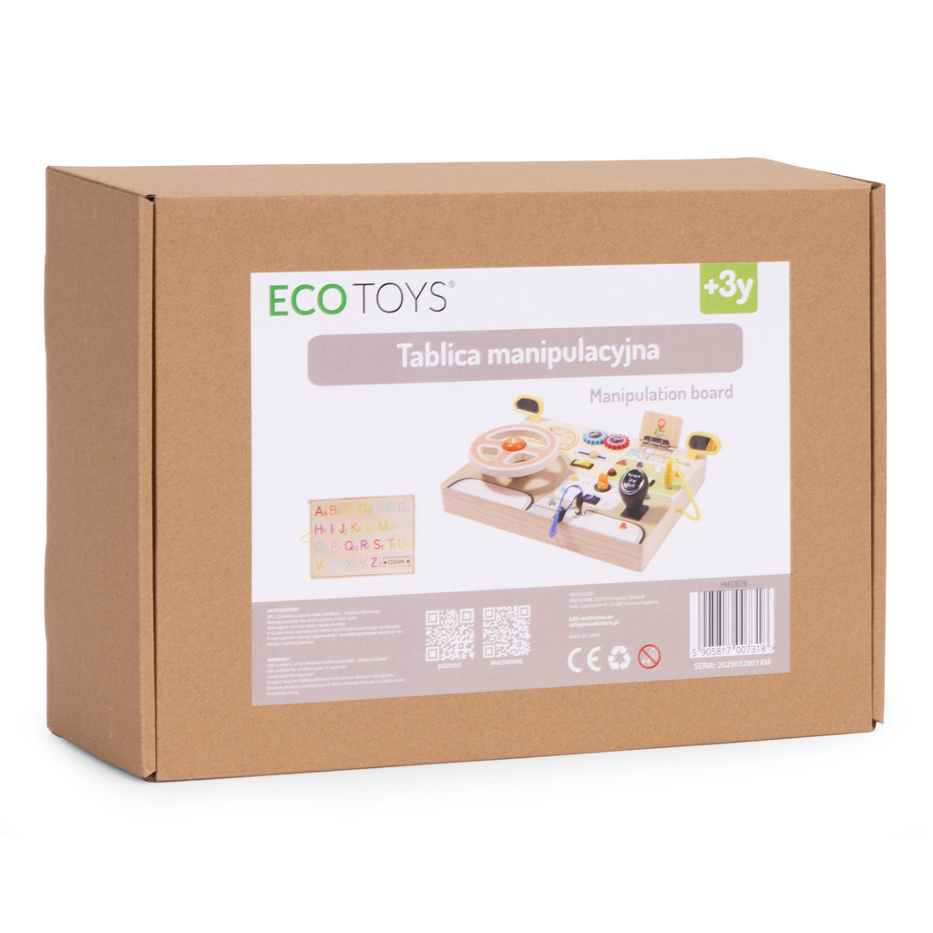 Pudełko drewnianej tablicy manipulacyjnej ECO TOYS z kierownicą i sensorycznymi elementami dla dzieci od 3 lat.