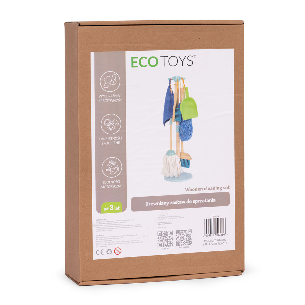 Drewniany zestaw do sprzątania dla dzieci mop zmiotka z szufelką 7 elementów ECOTOYS