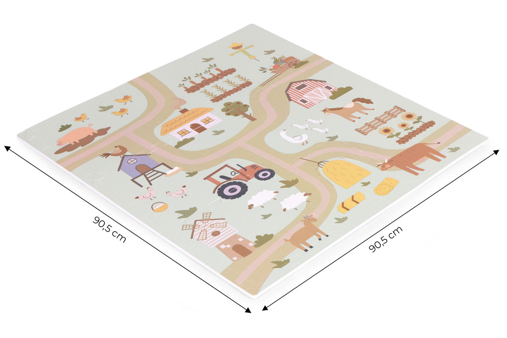 Duża mata piankowa EVA dla dzieci 90,5x90,5 cm (21 elementów) z kolorowym motywem farmy: zwierzęta, pojazdy i wiejskie krajobrazy, idealna do nauki raczkowania i bezpiecznej zabawy.