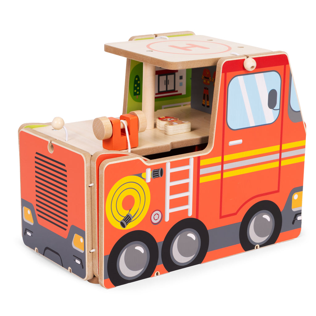 Drewniany garaż zestaw straży pożarnej 2w1 – remiza i wóz 2 piętra figurki pojazdy ECOTOYS