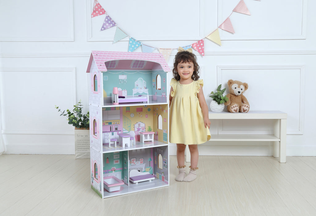 Drewniany domek dla lalek + mebelki wysoka rezydencja Jagodowa ECOTOYS