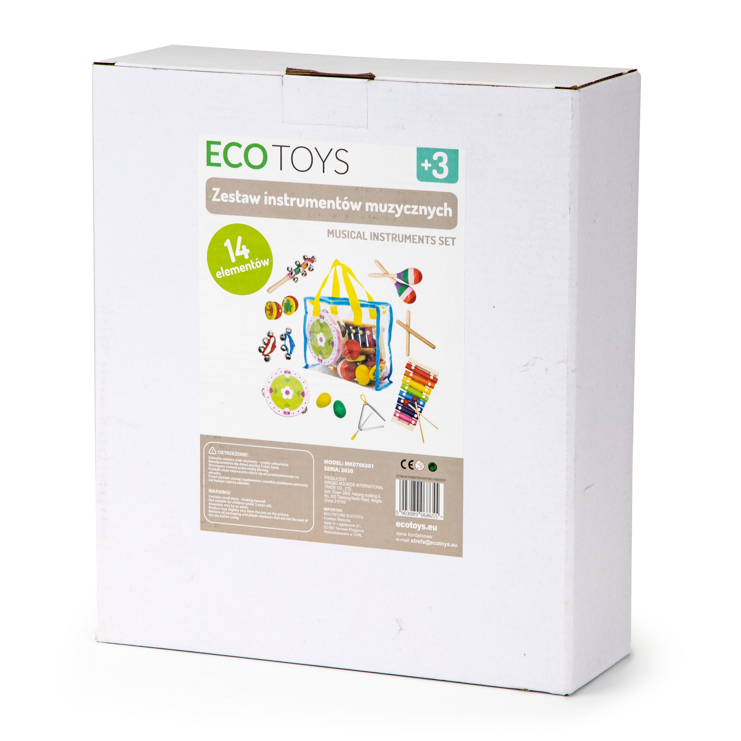 Opakowanie Zestawu 14 drewnianych instrumentów muzycznych dla dzieci z torbą ECO TOYS, idealne na prezent, wspierające rozwój motoryczny i muzyczny.