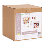 Drewniany ekspres do kawy dla dzieci ECO TOYS 2w1 sklepik zestaw baristy 26 akcesoriów, widoczny na opakowaniu kartonowym z opisem korzyści rozwojowych.