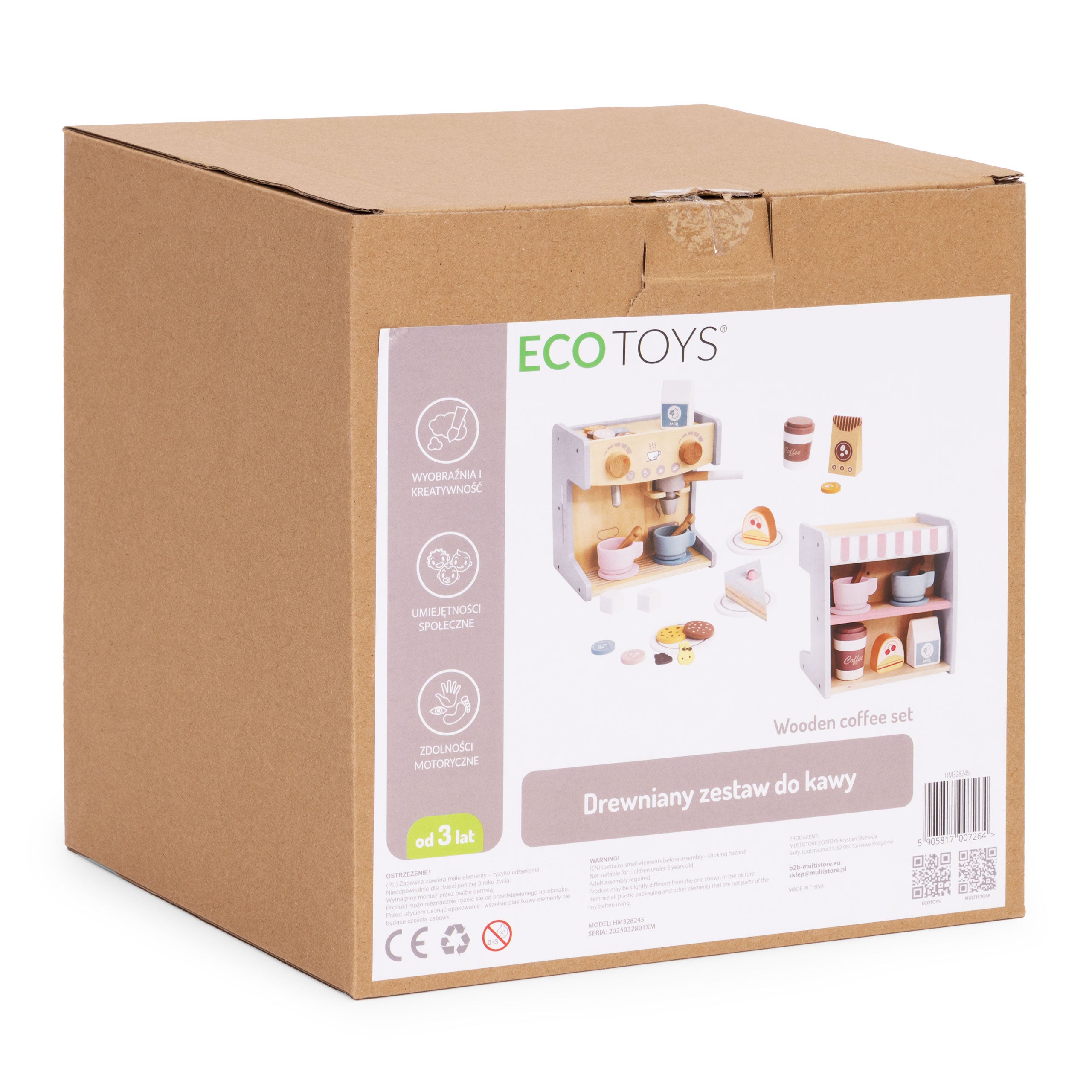 Drewniany ekspres do kawy dla dzieci ECO TOYS 2w1 sklepik zestaw baristy 26 akcesoriów, widoczny na opakowaniu kartonowym z opisem korzyści rozwojowych.