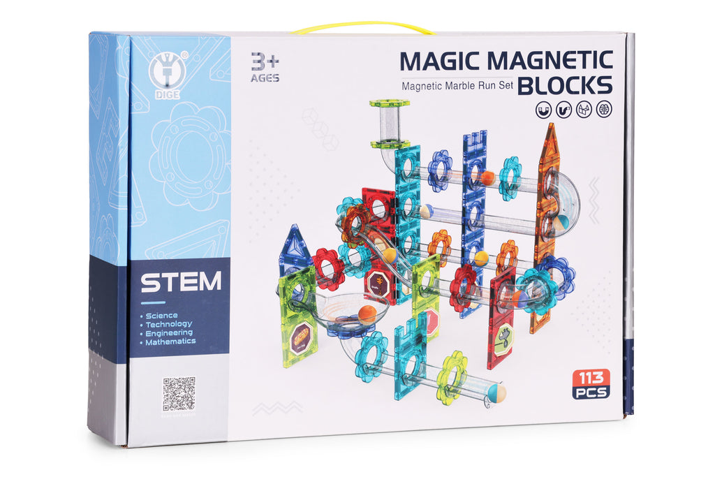 Klocki magnetyczne konstrukcyjne 3D tor kulkowy kulodrom 113 elementów – pudełko z wizualizacją dynamicznego toru. Idealny zestaw STEM rozwijający kreatywność i logiczne myślenie.