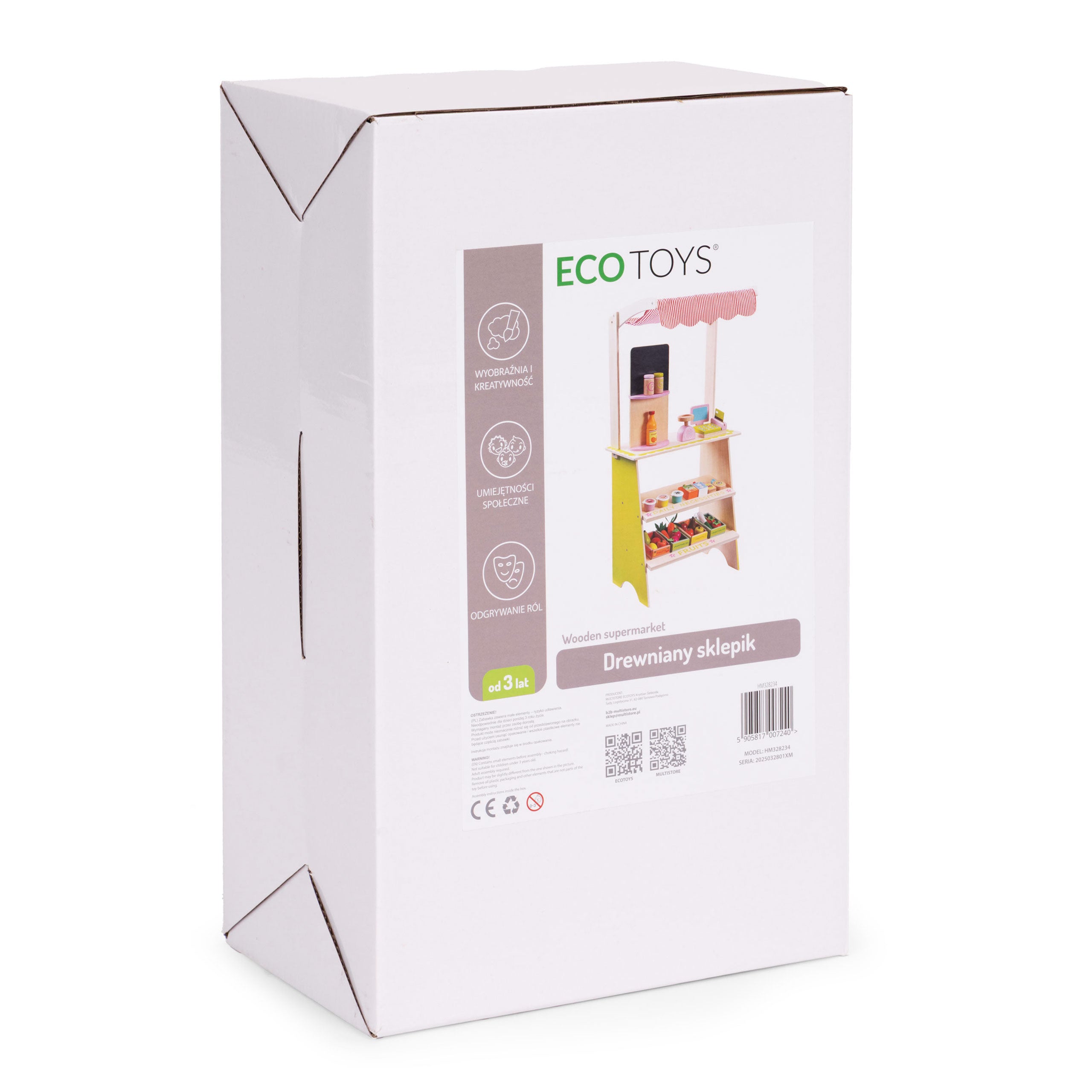 Opakowanie dużego drewnianego straganu ECO TOYS dla dzieci: sklep z terminalem, wagą, owocami, warzywami (20 elementów) do kreatywnej zabawy.