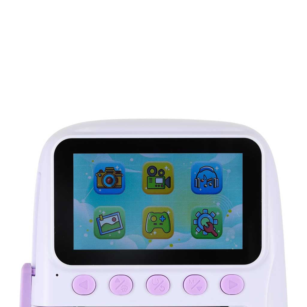 Kolorowy ekran dziecięcego aparatu cyfrowego natychmiastowego z fioletowymi przyciskami, prezentujący intuicyjne menu pełne kreatywnych funkcji: zdjęcia, wideo, muzyka, galeria, gry i ustawienia.