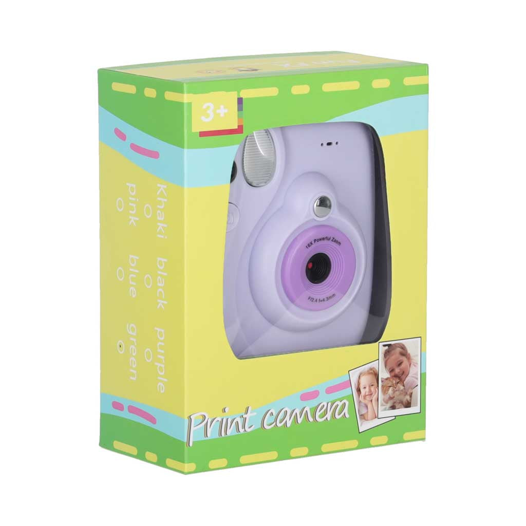 Opakowanie fioletowego aparatu fotograficznego cyfrowego natychmiastowego dla dzieci 3+, z 16x wkładami i mazakami, idealnego do rozwijania kreatywności i wyobraźni.