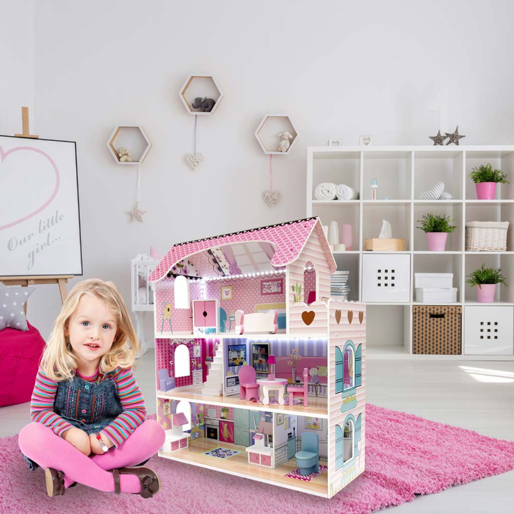 Domek dla lalek drewniany MDF mebelki 70cm różowy LED