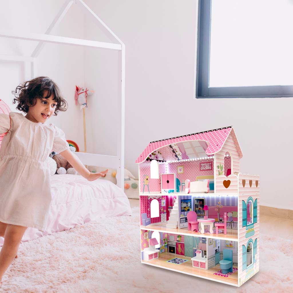 Domek dla lalek drewniany MDF mebelki 70cm różowy LED