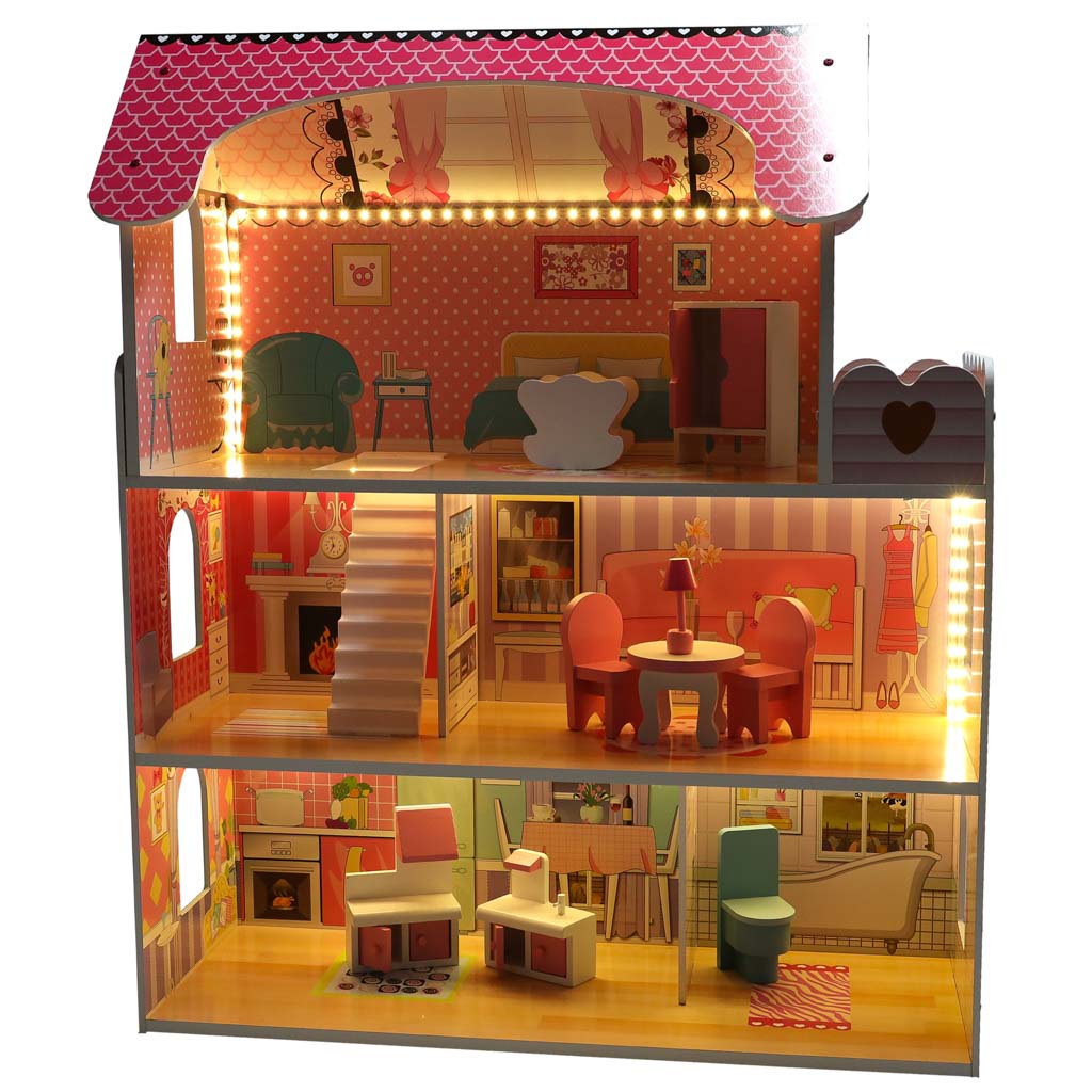 Domek dla lalek drewniany MDF mebelki 70cm różowy LED