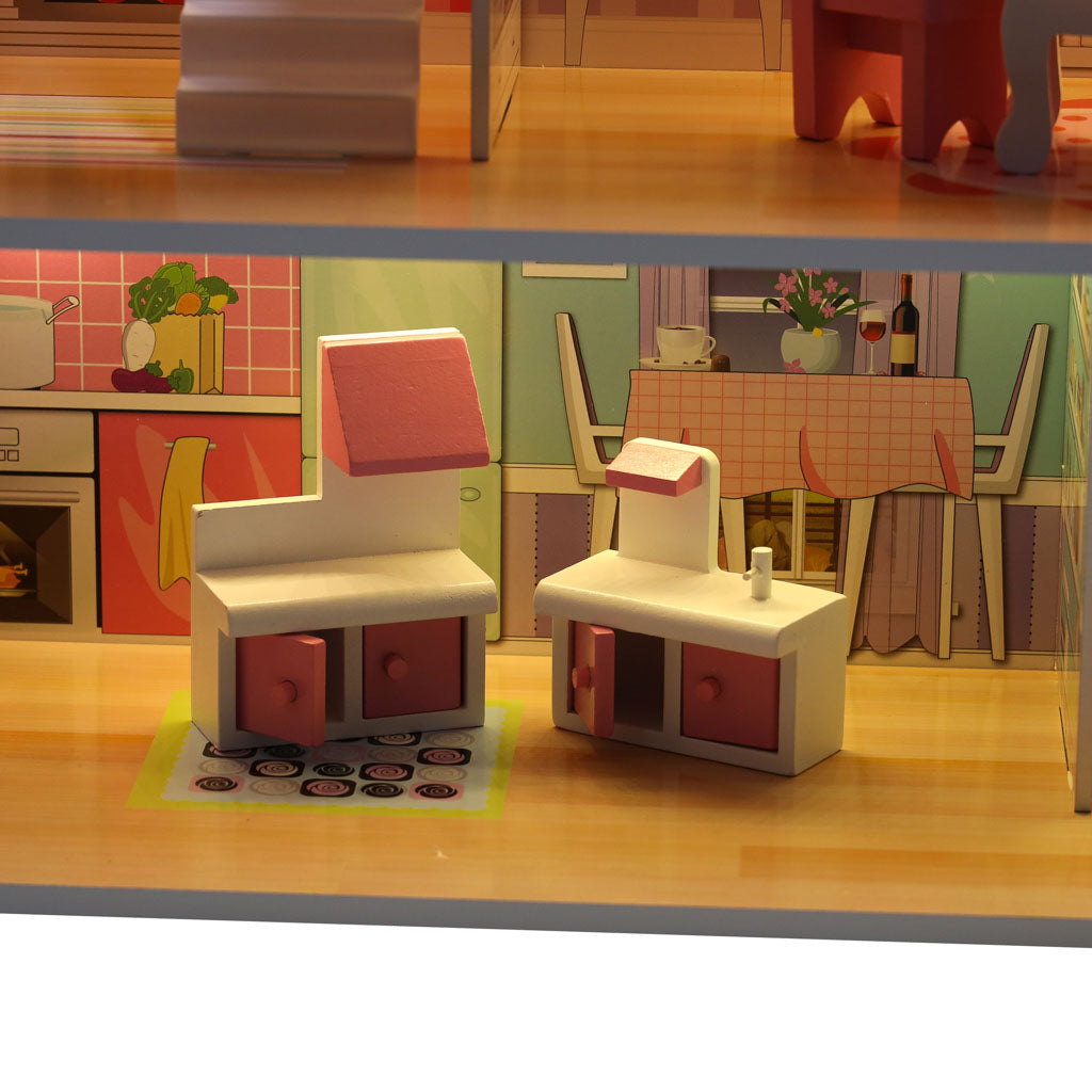 Domek dla lalek drewniany MDF mebelki 70cm różowy LED