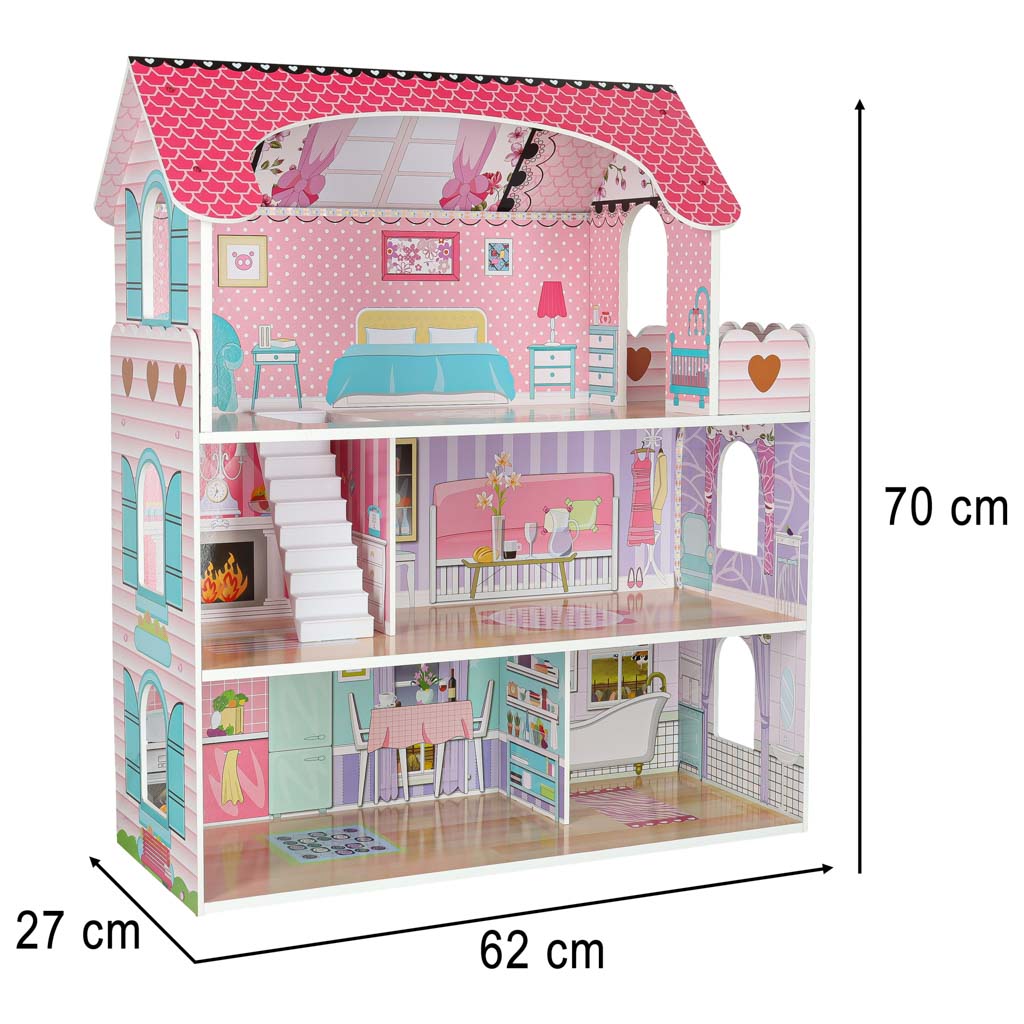 Domek dla lalek drewniany MDF mebelki 70cm różowy LED
