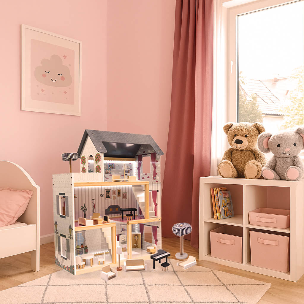 Domek dla lalek drewniany MDF mebelki 78cm czarny LED