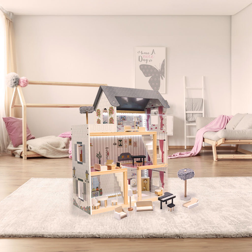 Domek dla lalek drewniany MDF mebelki 78cm czarny LED