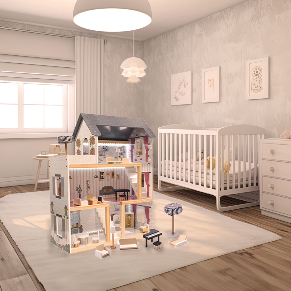 Domek dla lalek drewniany MDF mebelki 78cm czarny LED