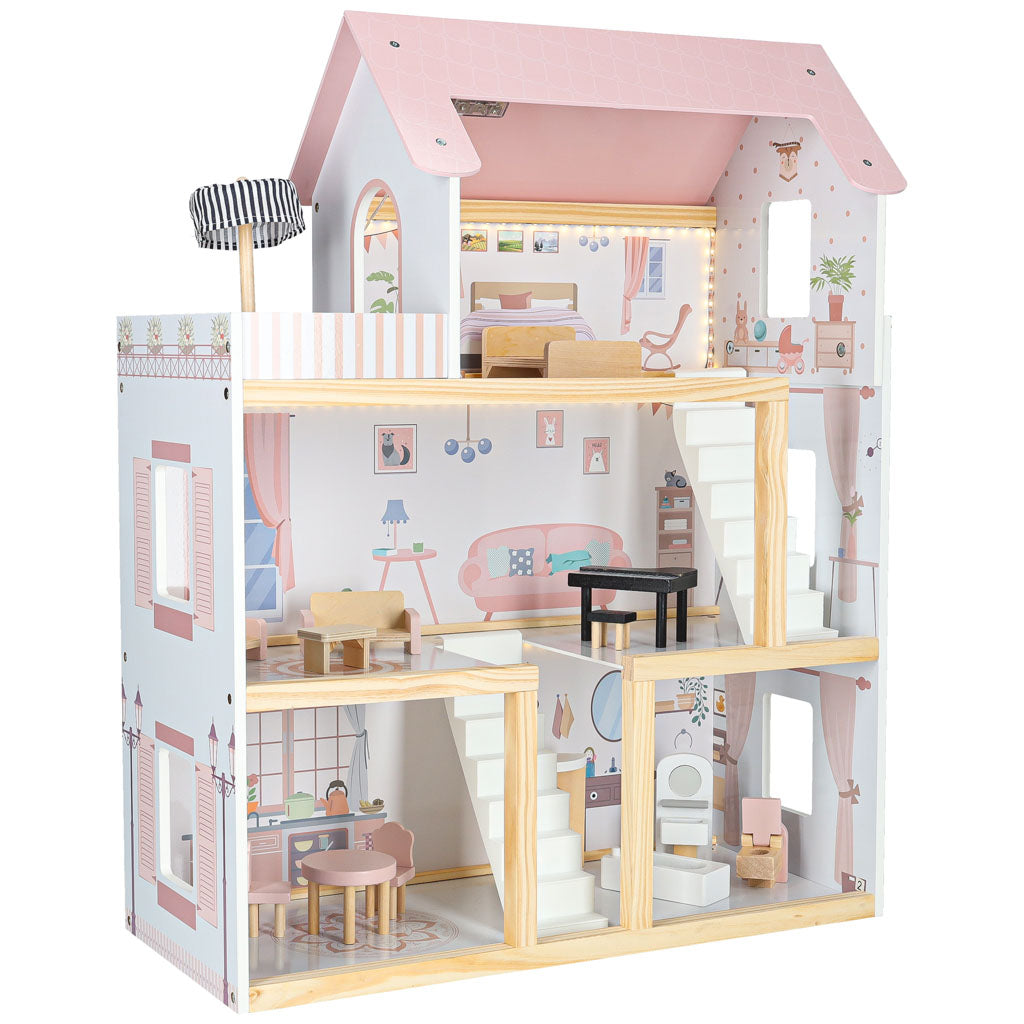 Drewniany domek dla lalek 78cm w pastelowym różu, z kompletnymi mebelkami i oświetleniem LED, idealny do magicznych zabaw.