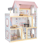 Drewniany domek dla lalek 78cm w pastelowym różu, z kompletnymi mebelkami i oświetleniem LED, idealny do magicznych zabaw.