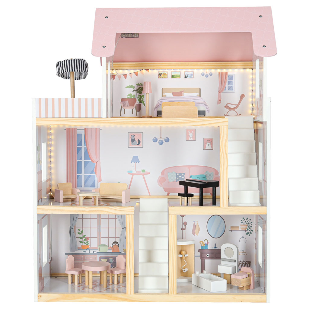 Duży, trzypiętrowy drewniany domek dla lalek 78cm z mebelkami, w pastelowym różu z ciepłym oświetleniem LED, tworzący bajkowy świat do kreatywnej zabawy.