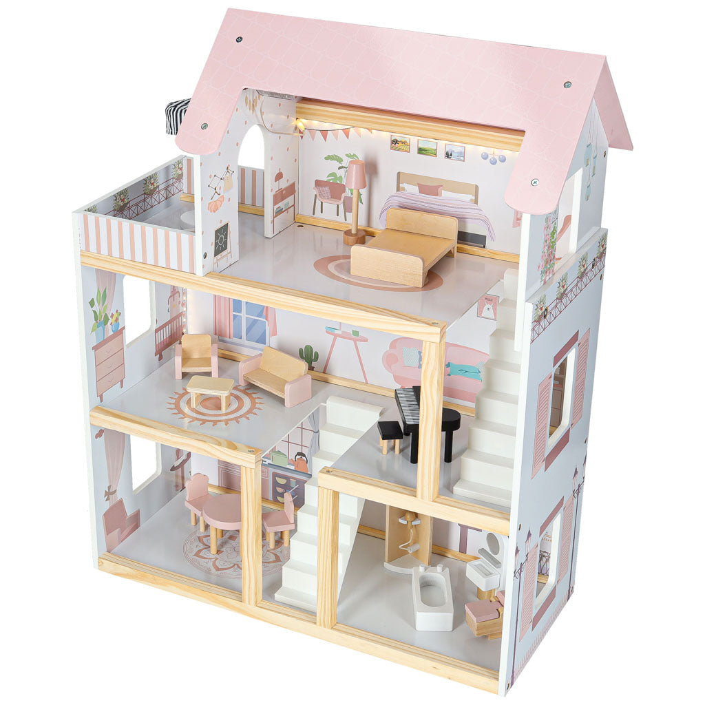 Drewniany domek dla lalek 78cm, w pełni umeblowany, z pastelowym różowym dachem i klimatycznym oświetleniem LED. Idealny do kreatywnej zabawy rozwijającej wyobraźnię dziecka.