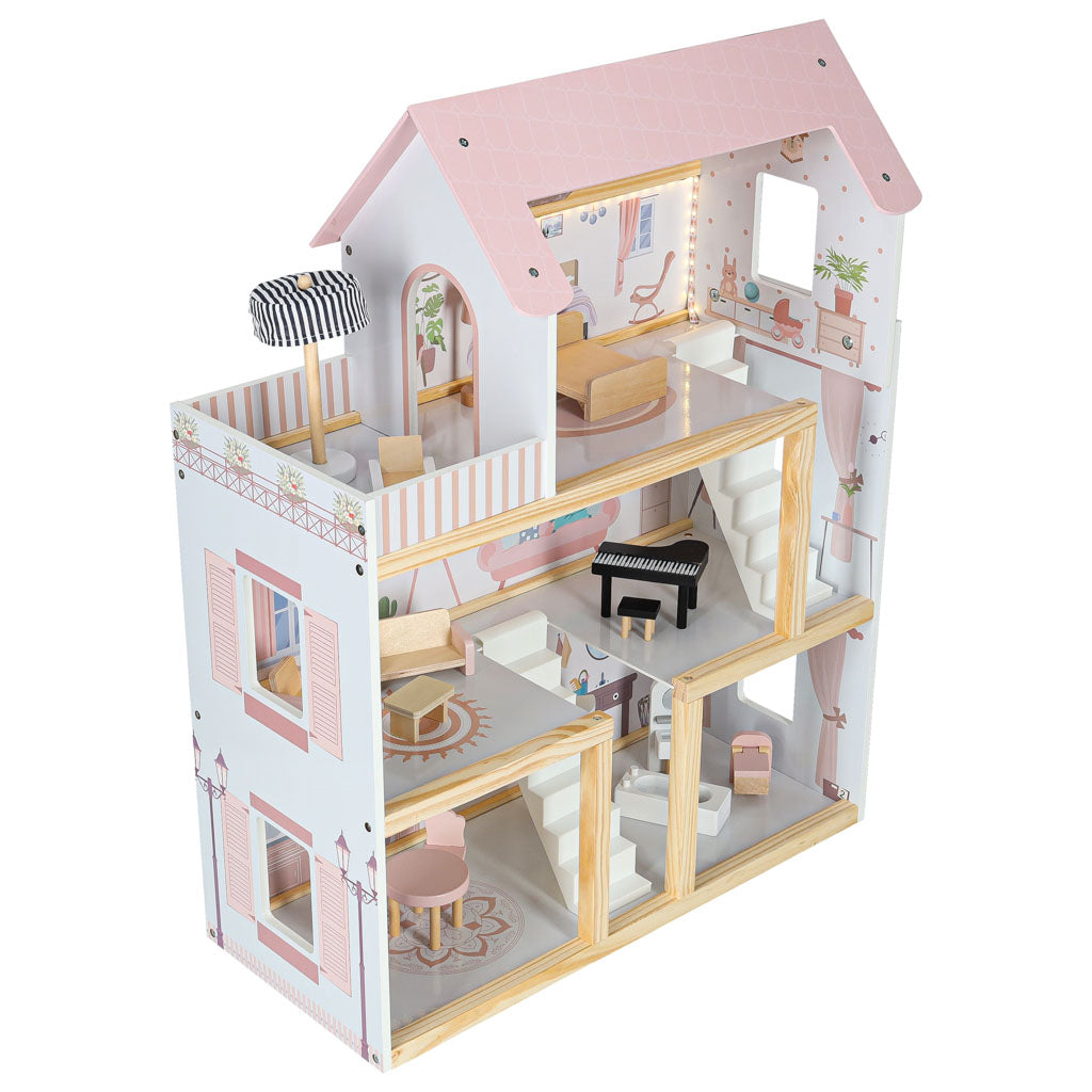 Drewniany domek dla lalek 78cm z różowym dachem, kompletnym zestawem mebelków i ciepłym oświetleniem LED, idealny do bajkowej zabawy dla dzieci.