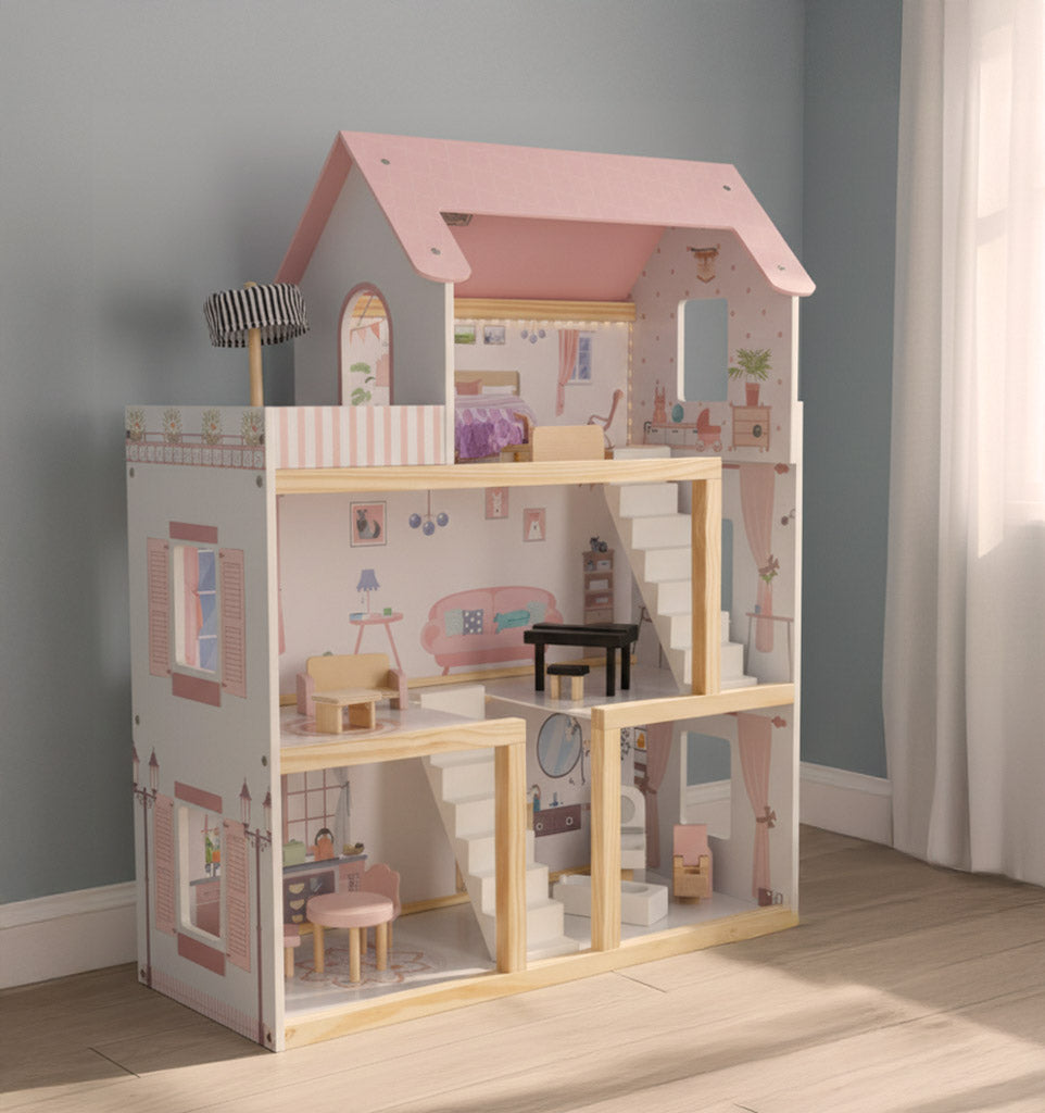 Drewniany domek dla lalek 78cm w pastelowym różu, z pełnym zestawem mebelków i oświetleniem LED, gotowy do magicznej zabawy rozwijającej wyobraźnię dziecka.