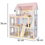 Drewniany domek dla lalek 78cm z pastelowo-różowym dachem, kompletnie wyposażony w mebelki i ciepłe oświetlenie LED, gotowy do magicznych przygód.