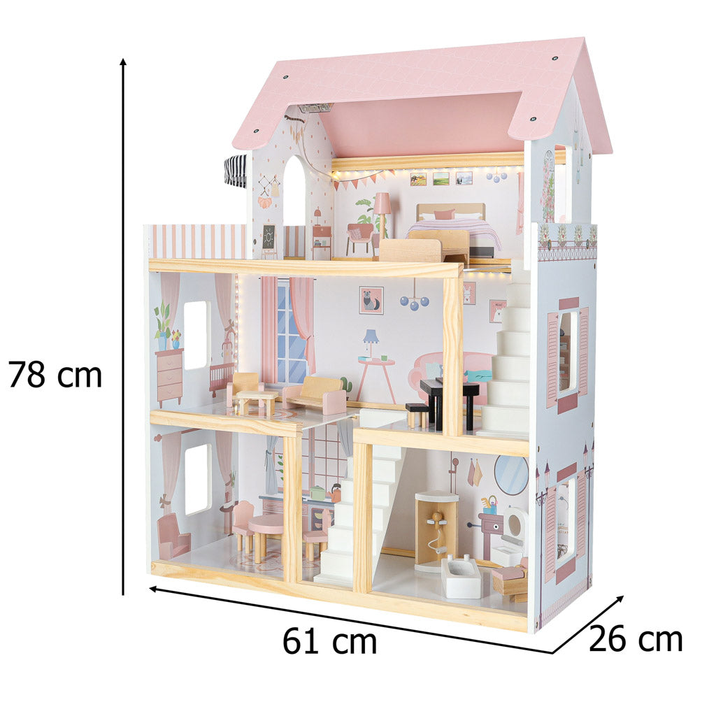 Drewniany domek dla lalek 78cm z pastelowo-różowym dachem, kompletnie wyposażony w mebelki i ciepłe oświetlenie LED, gotowy do magicznych przygód.