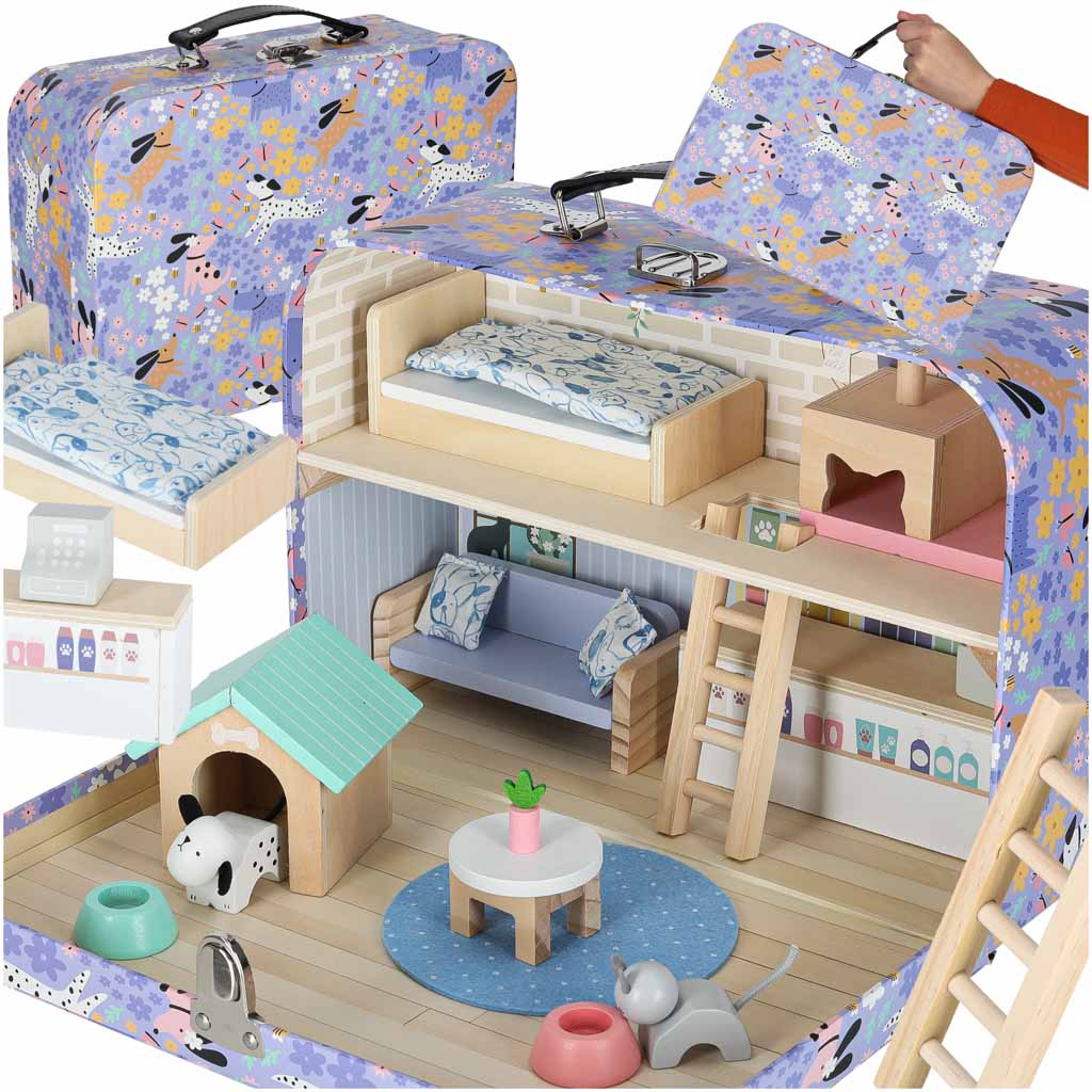 Domek w walizce hotel spa dla zwierząt drewniane mebelki figurki