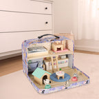 Domek w walizce hotel spa dla zwierząt drewniane mebelki figurki