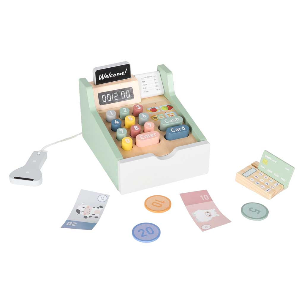 Wooden Toy Cash Register for Kids with Card Terminal and Scanner