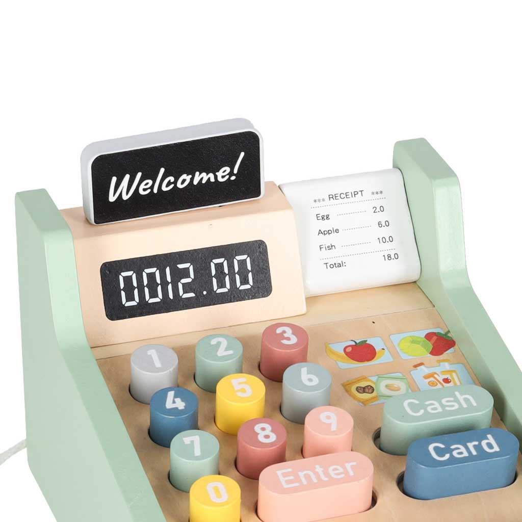 Wooden Toy Cash Register for Kids with Card Terminal and Scanner