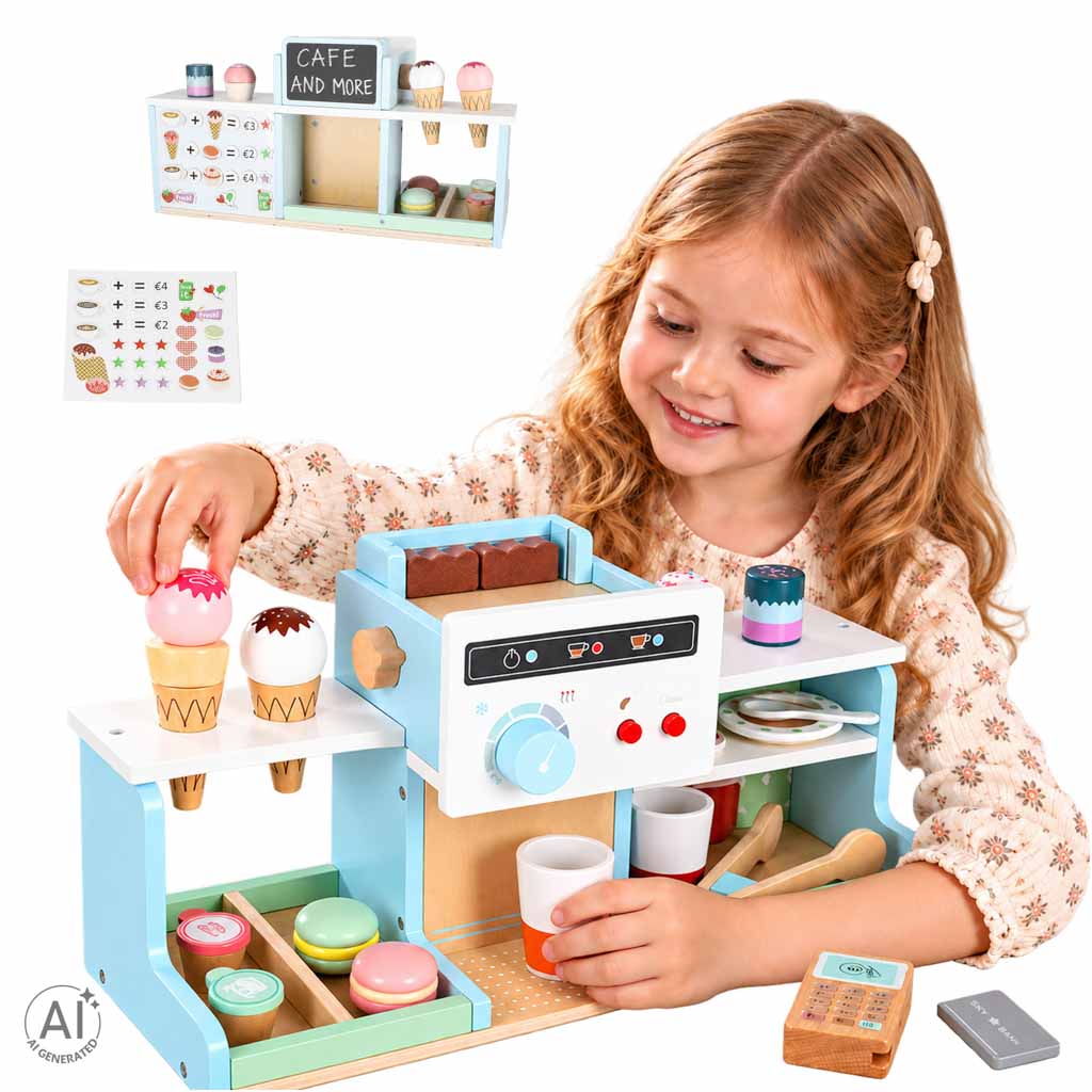 Wooden Play Café and Bakery for Kids with Coffee Machine, Cupcakes, Ice Cream and Desserts