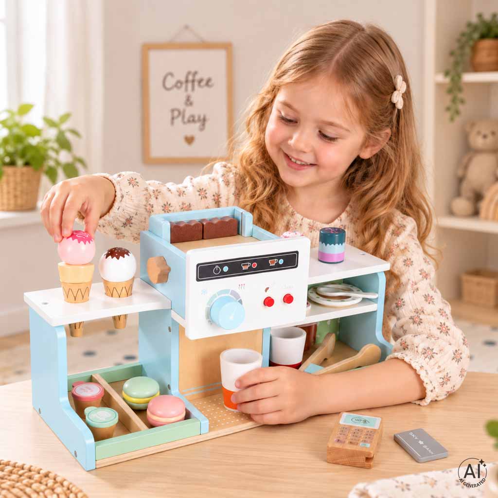 Wooden Play Café and Bakery for Kids with Coffee Machine, Cupcakes, Ice Cream and Desserts