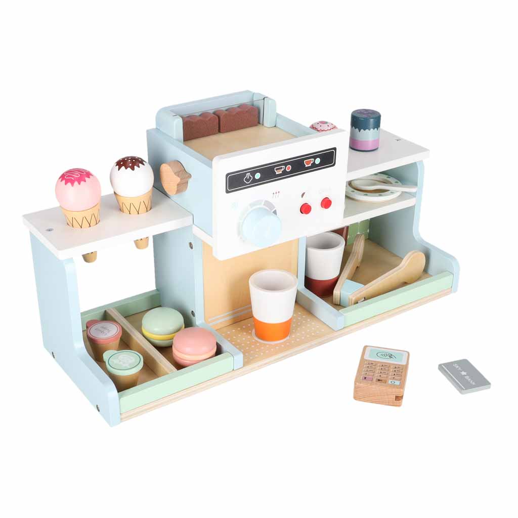 Wooden Play Café and Bakery for Kids with Coffee Machine, Cupcakes, Ice Cream and Desserts