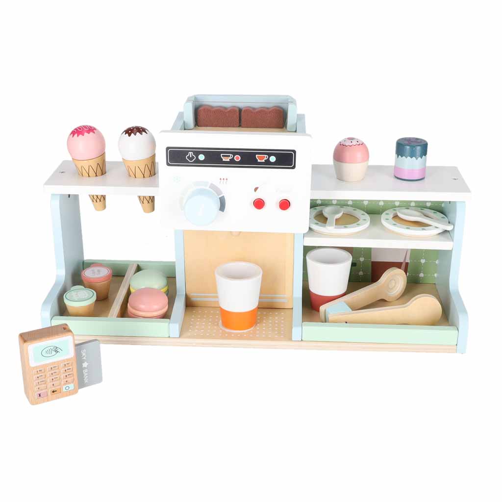 Wooden Play Café and Bakery for Kids with Coffee Machine, Cupcakes, Ice Cream and Desserts