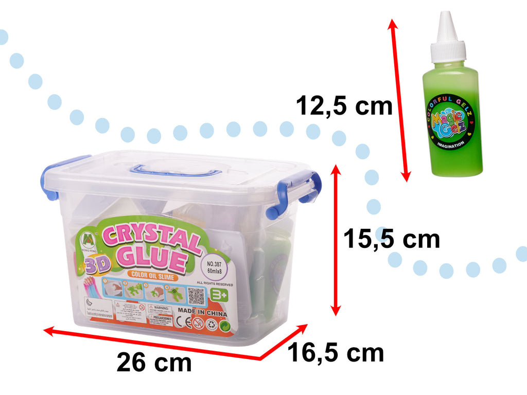 Klej żel kryształowy 3D crystal glue kreatywny zestaw w wiaderku 26el. z kolorowymi masami, w tym butelka zielonego Magic Gel, do modelowania figurek 3D. Rozwija wyobraźnię i precyzję. Widoczne dokładne wymiary opakowania.