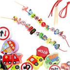 Klocki drewniane do nawlekania pojazdy znaki drogowe