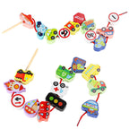 Klocki drewniane do nawlekania pojazdy znaki drogowe