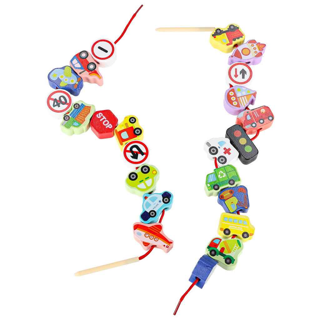 Klocki drewniane do nawlekania pojazdy znaki drogowe