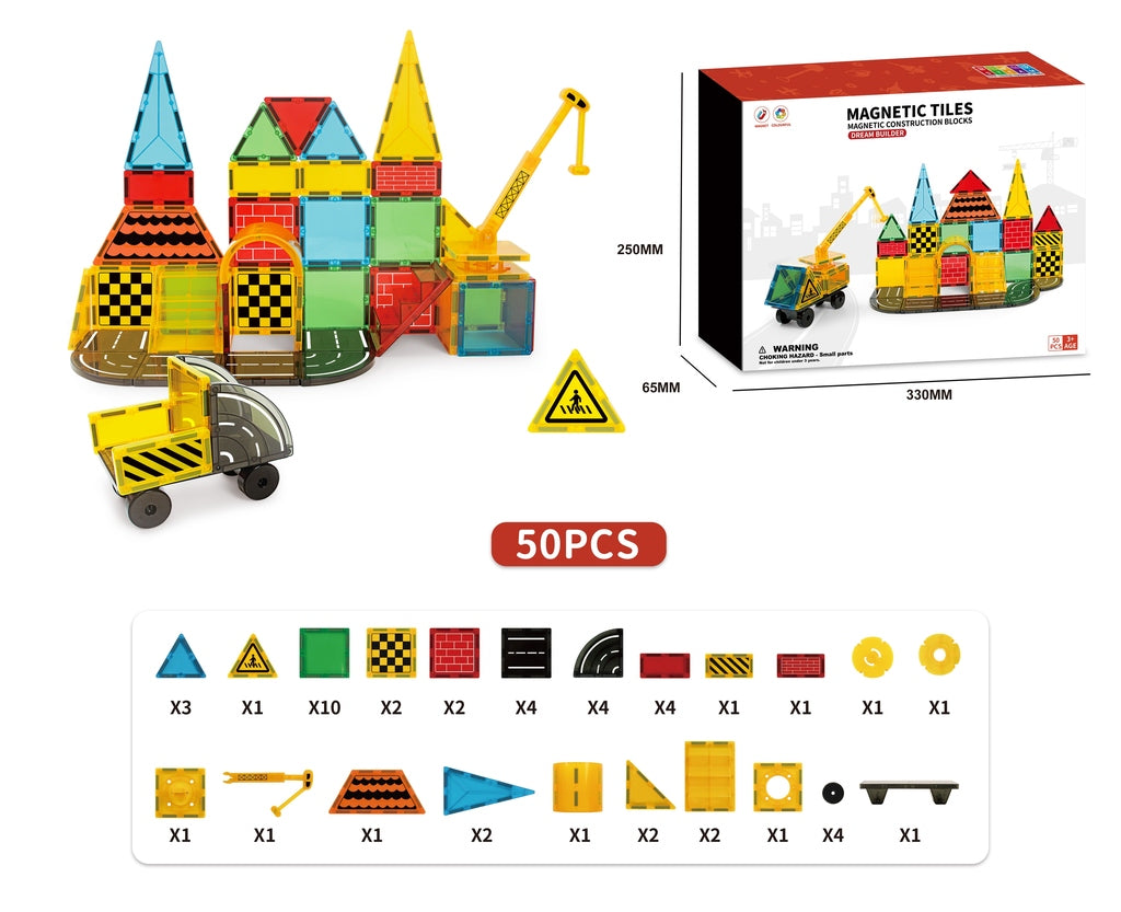 Zestaw klocków magnetycznych konstrukcyjnych 3D, 50 elementów. Kolorowe budynki, żuraw i ciężarówka, idealne do kreatywnego budowania STEM dla dzieci.